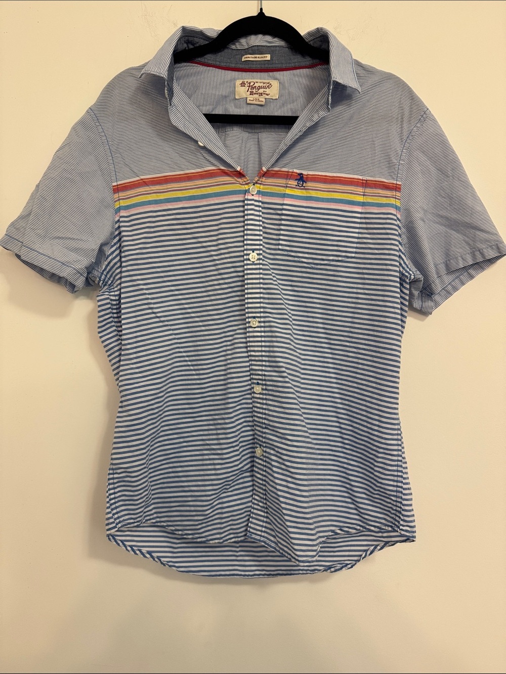 Original Penguin Light Blue Striped Short-Sleeve Shirt with Rainbow Chest Stripe